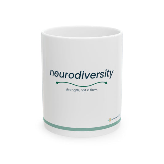 Neurodiversity ceramic coffee mug in glossy white with a small side print