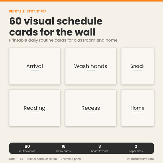 60 printable visual schedule cards for the wall — Arrival, Wash hands, Snack, Reading, Recess, Home