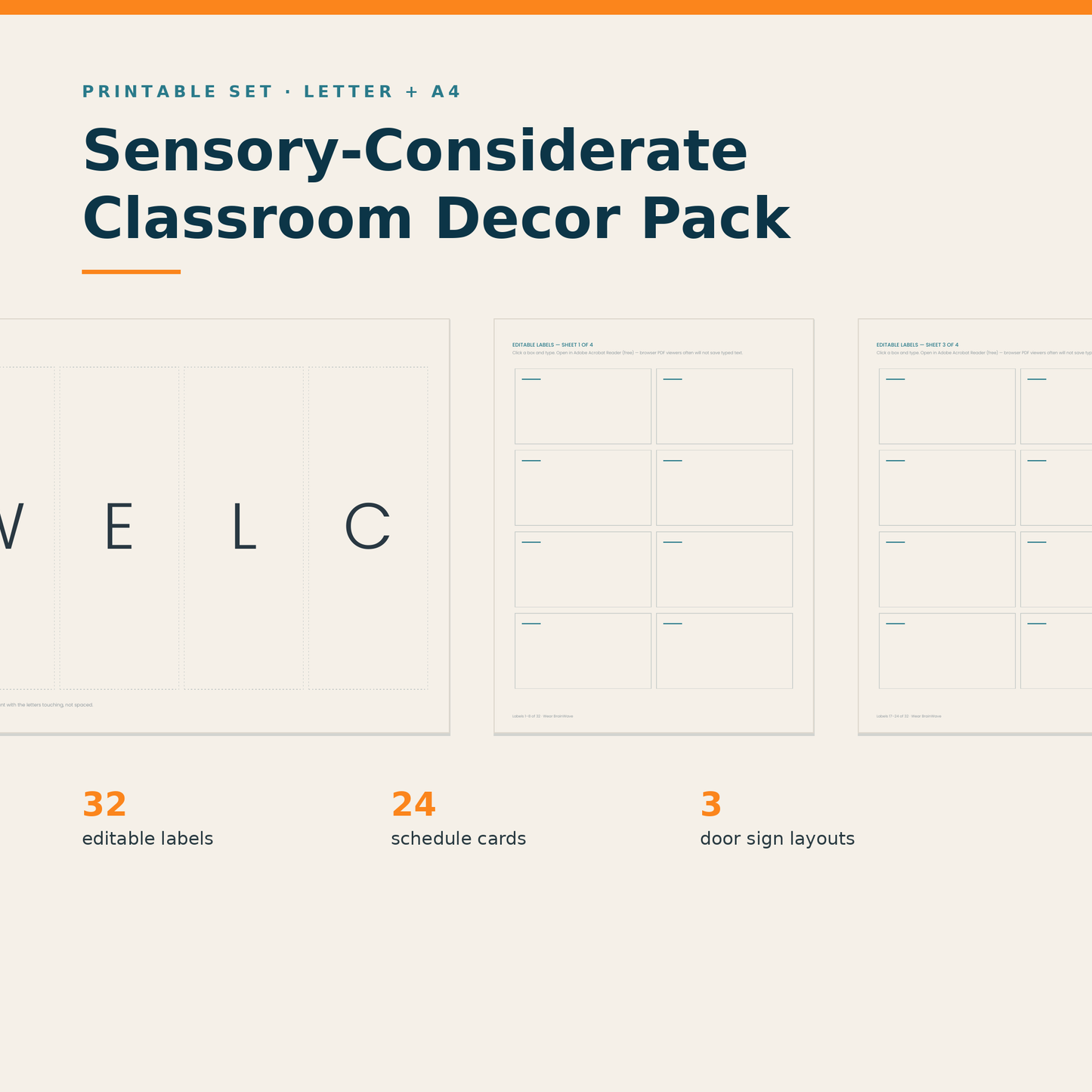 Sensory-Considerate Classroom Decor Pack — 32 editable labels, 24 schedule cards, 3 door sign layouts