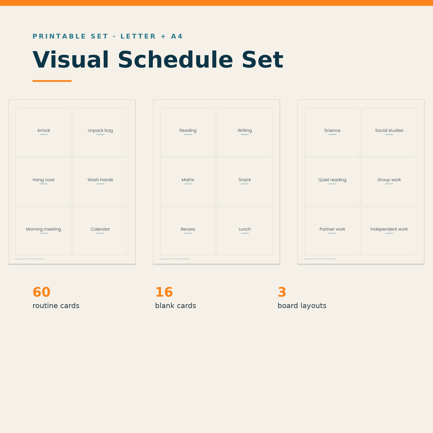 Visual Schedule Set printable — 60 routine cards, 16 blank cards and 3 board layouts, US Letter and A4