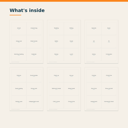Pages inside the Visual Schedule Set showing school-day and home routine cards
