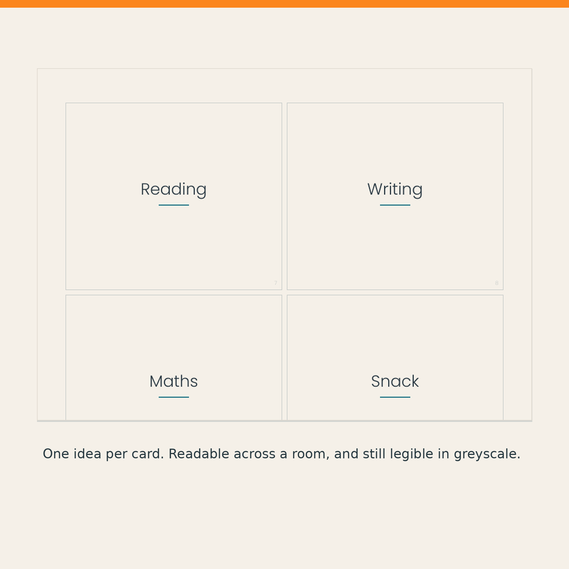 Close-up of routine cards — one idea per card, readable across a room