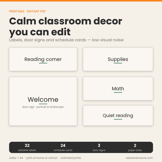 Calm classroom decor you can edit — printable labels, door signs and schedule cards
